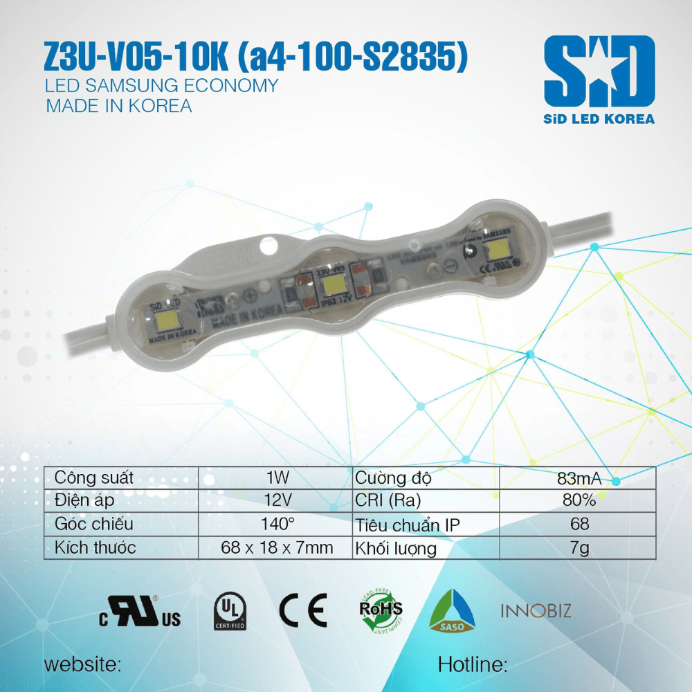 LED MODULE 3 BÓNG SAMSUNG 2835 HIỆU SIDLED| Mã Z3U-V05-10K (A4-100-2835)