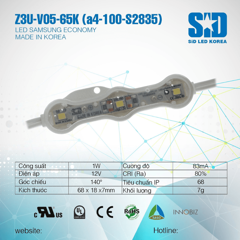 LED MODULE 3 BÓNG SAMSUNG 2835 HIỆU SIDLED| Mã Z3U-V05-65K (A4-100-2835)