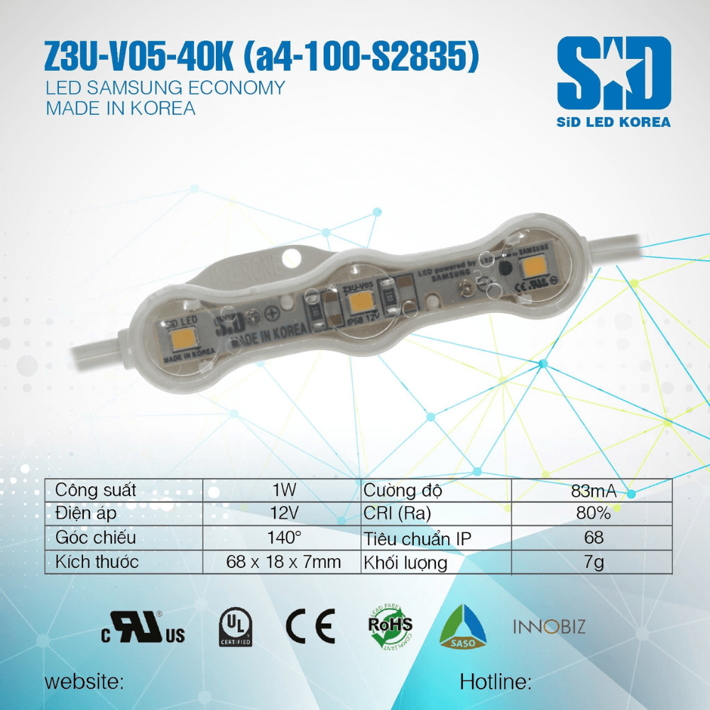 LED MODULE 3 BÓNG SAMSUNG 2835 HIỆU SIDLED| Mã Z3U-V05-40K (A4-100-2835)